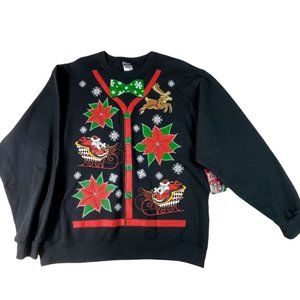 Christmas Sweatshirt JERZEES Men L Ugly Party Poinsettias Santa Reindeer Bow Tie